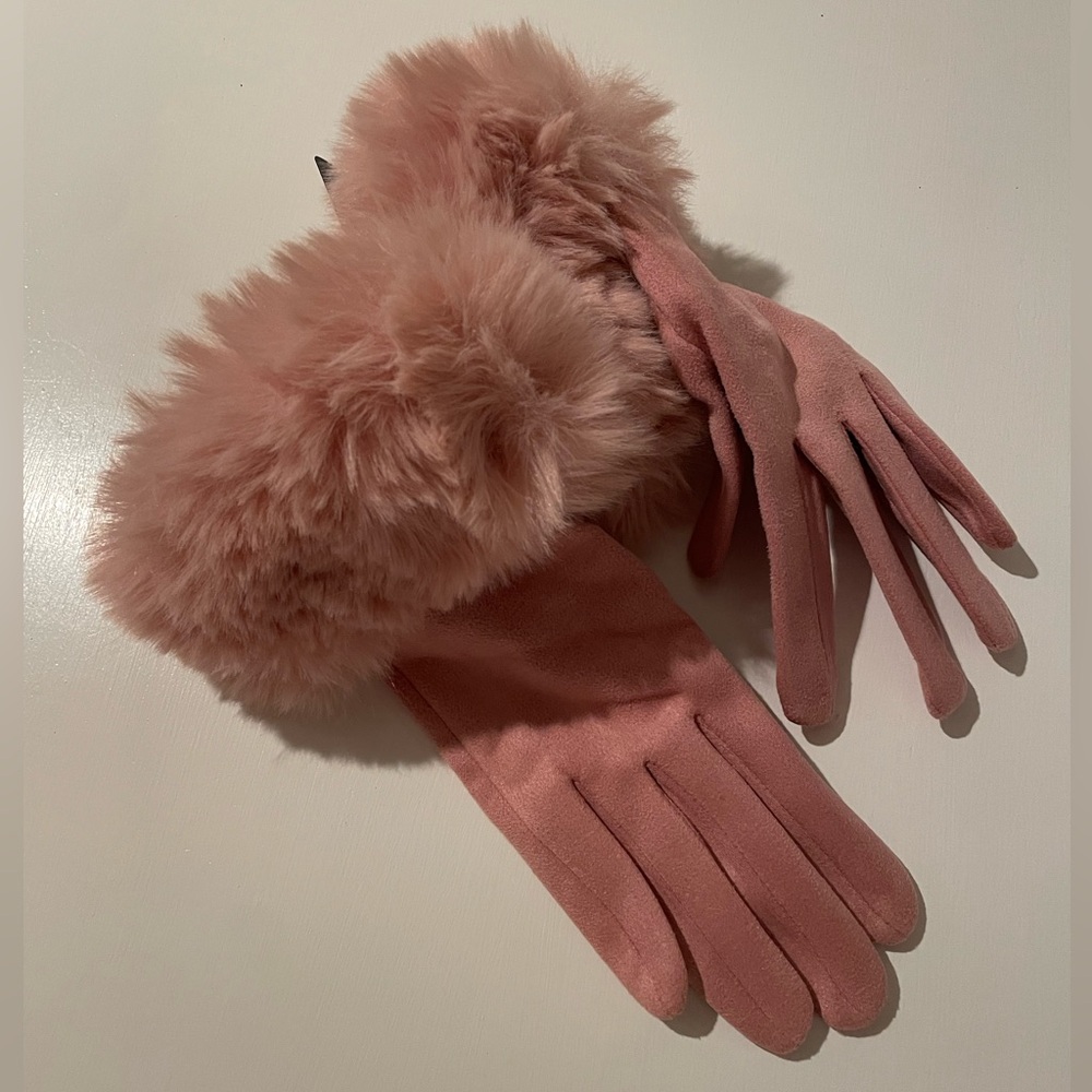 Pink Faux Rabbit Trim Gloves